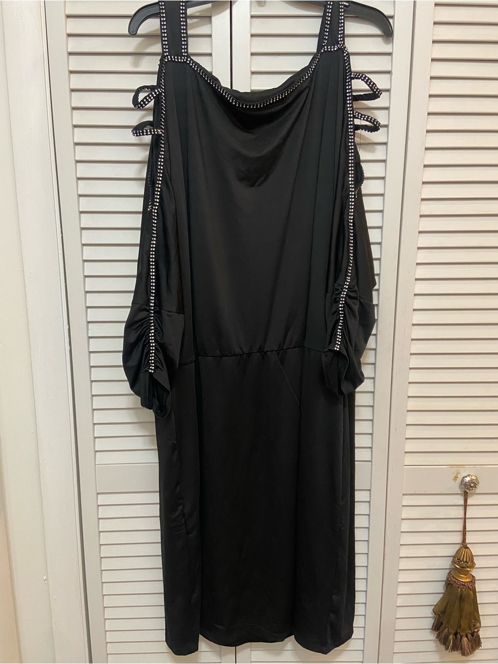 Ashro Black Cold-Shoulder Slip Dress with Studded Trim Fully Lined